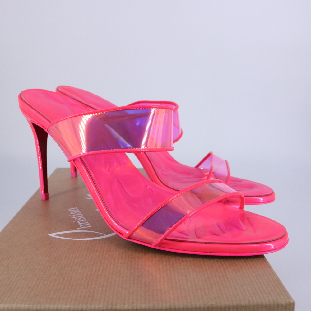 Christian Louboutin 40 Just Loubi 85mm Neon Pink Fluo Barbie PVC Sandals E751 - Picture 1 of 12